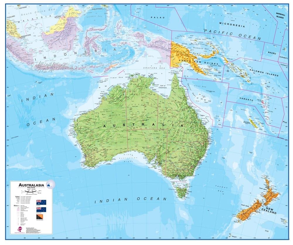 Karta över australien och nya zeeland fysiska