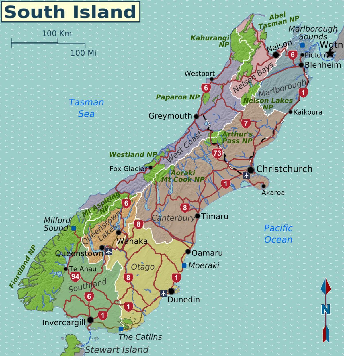 Karta över södra ön av nya zeeland regioner - Karta över södra ön av