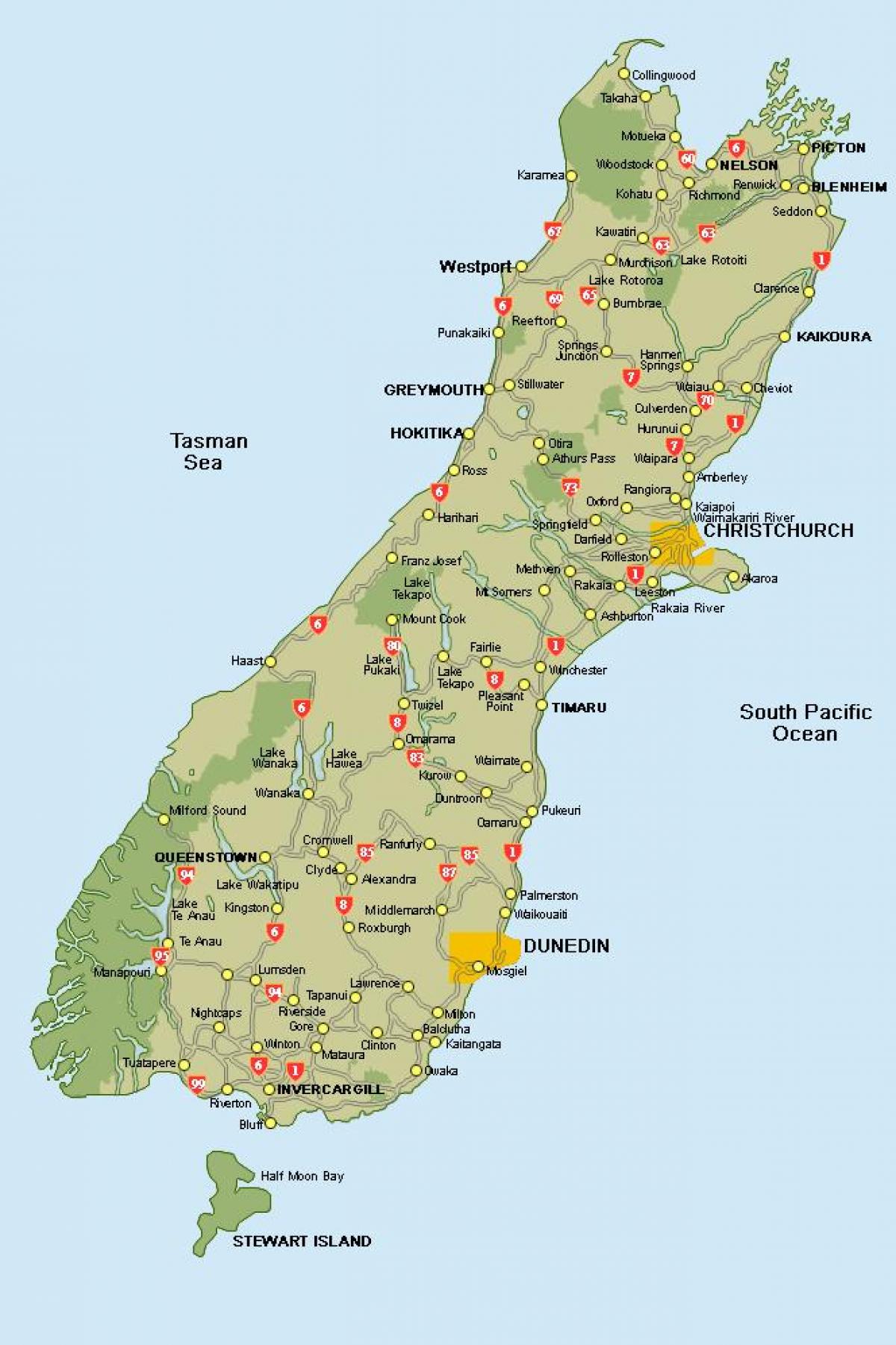 nya zeeland karta south island road karta