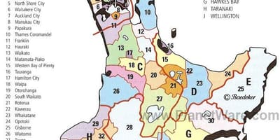 Karta över nya zeelands norra ö-regioner och distrikt