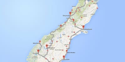 Detaljerad vägkarta över södra ön av nya zeeland